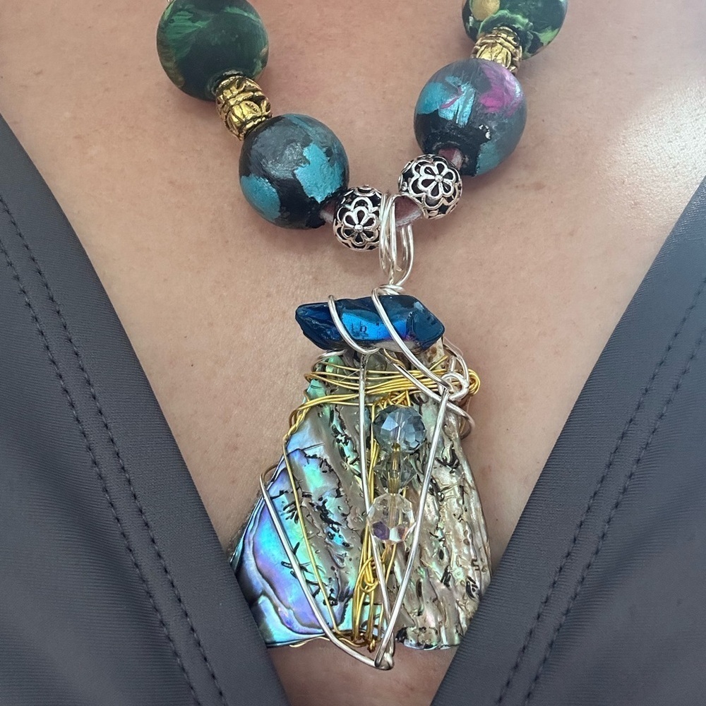 RUBYRUDI Handcrafted Abalone Shell Pendant Assemblage Necklace Leather Cord OOAK
